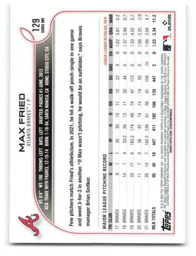 2022 Topps #129 Max Fried NM-MT Braves ID:47623 - Baseball Card Single