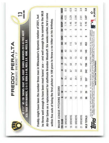 2022 Topps #13 Freddy Peralta NM-MT Brewers ID:40516 - Baseball Card Single