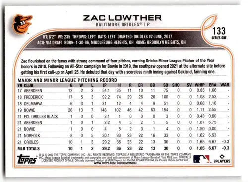 2022 Topps #133 Zac Lowther NM Near Mint RC Rookie Orioles ID:43880 - Baseball Card Single