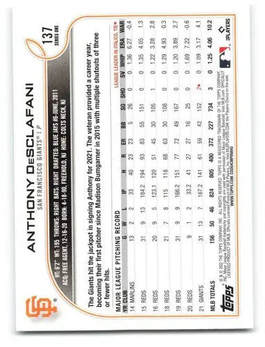 2022 Topps #137 Anthony DeSclafani NM-MT Giants ID:42195 - Baseball Card Single