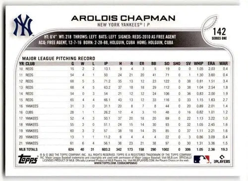 2022 Topps #142 Aroldis Chapman NM Near Mint Yankees ID:42114 - Baseball Card Single