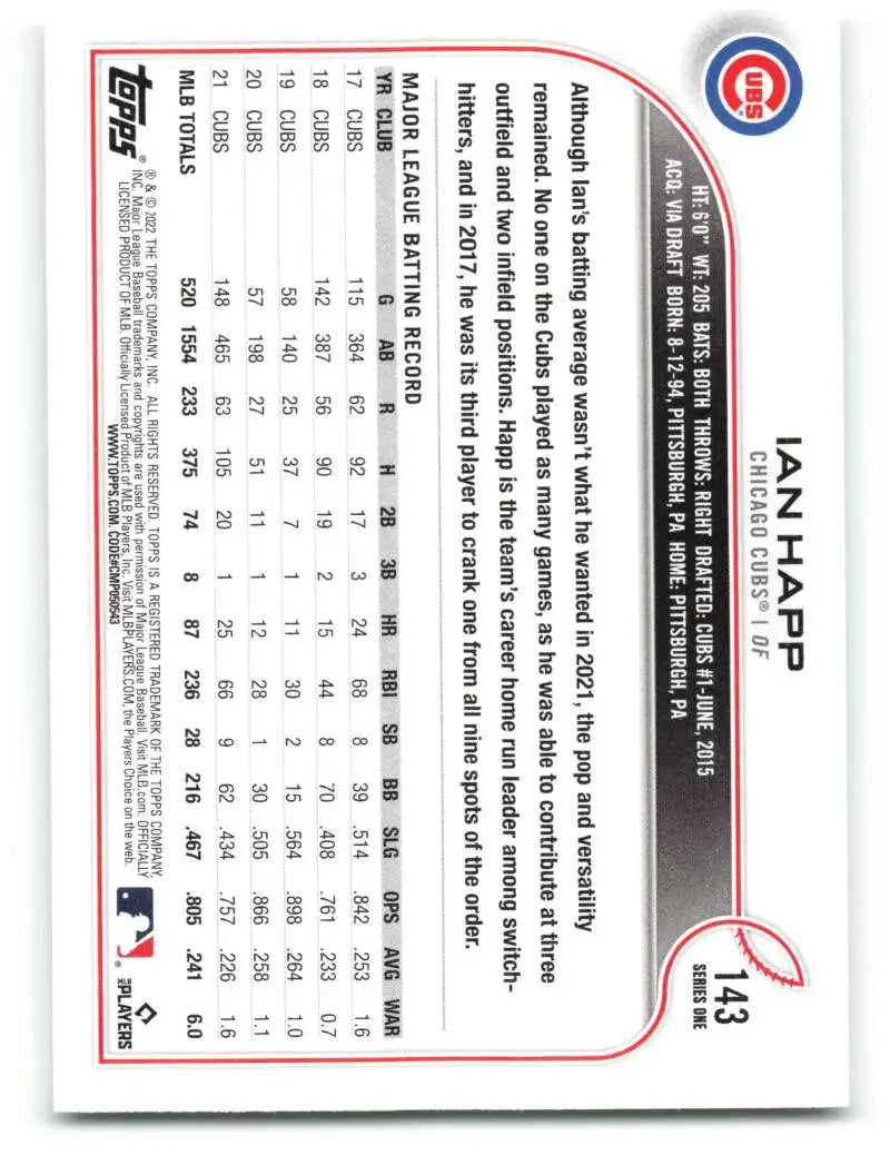 2022 Topps #143 Ian Happ NM-MT Cubs ID:40964 - Baseball Card Single