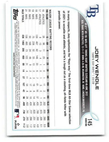 Original gloss baseball card of Joey Wendle NM-MT from 2022 Topps Rays ID 47684