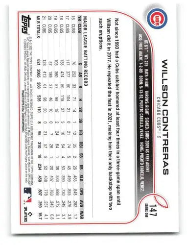 Original gloss 2022 Topps Willson Contreras baseball card featuring Cubs ID 40663