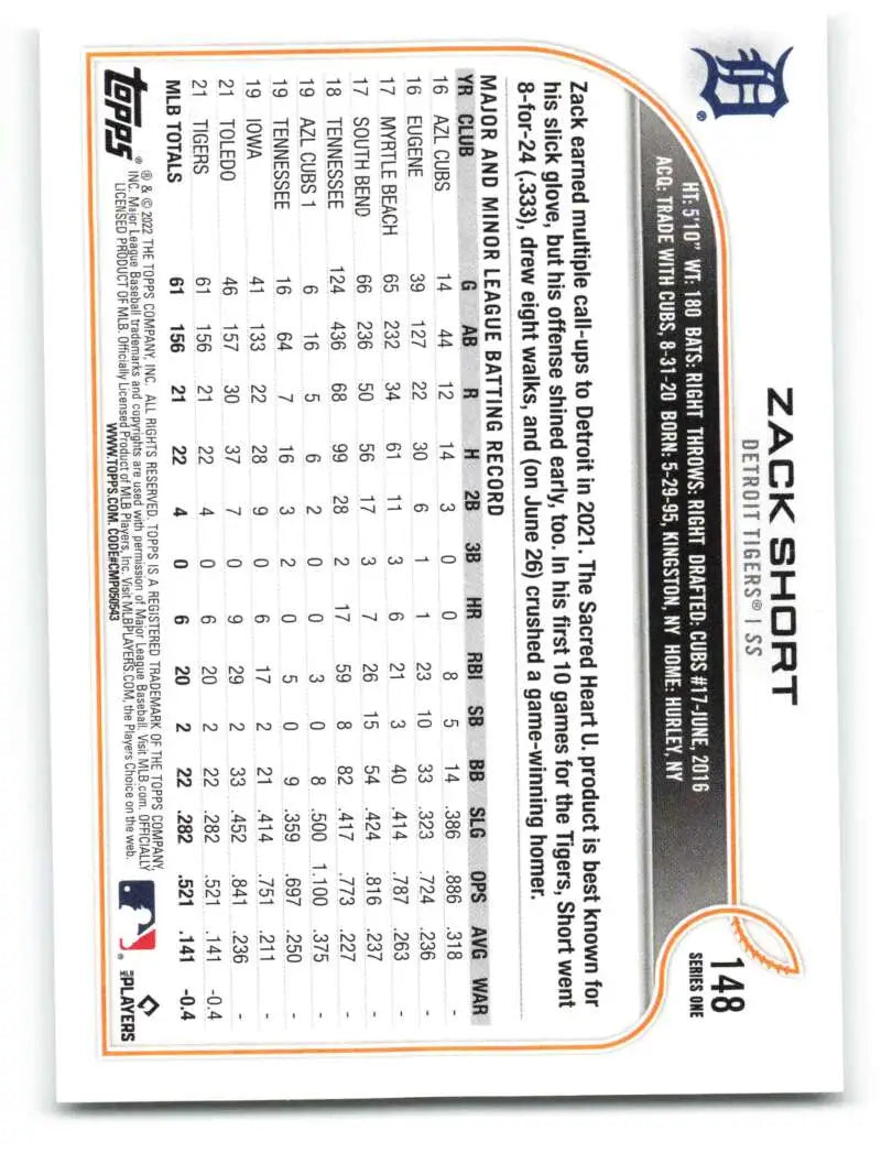 2022 Topps #148 Zack Short NM-MT RC Rookie Tigers ID:40968 - Baseball Card Single