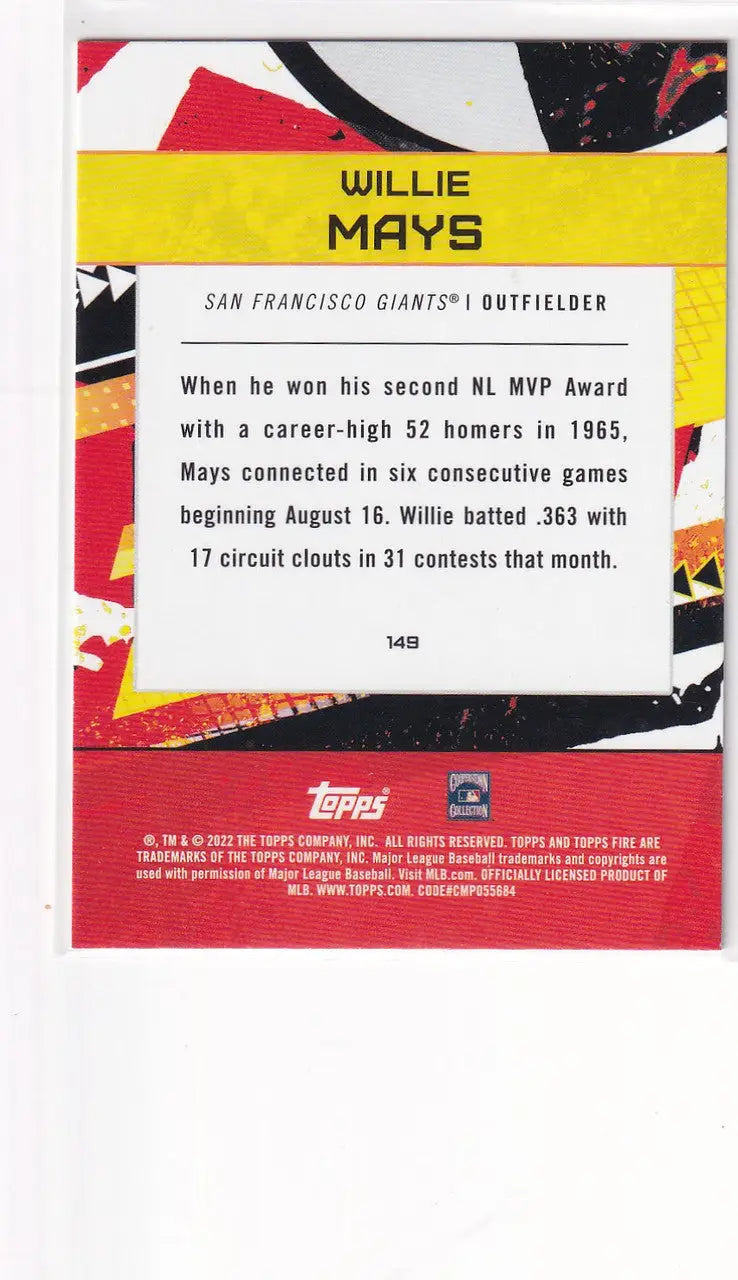 2022 TOPPS #149 WILLIE MAYS REFRACTOR- SAN FRANCICO GIANTS - Baseball Card Single