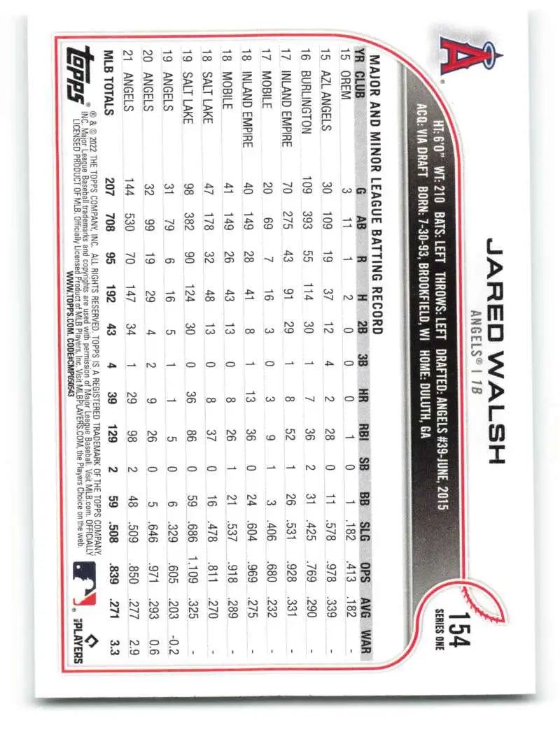2022 Topps #154 Jared Walsh NM-MT Angels ID:40975 - Baseball Card Single