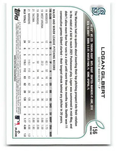 2022 Topps Logan Gilbert Baseball Card with original gloss Mariners ID40668