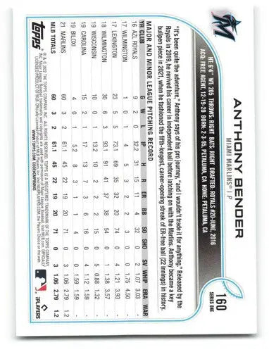 2022 Topps #160 Anthony Bender NM-MT RC Rookie Marlins ID:42198 - Baseball Card Single