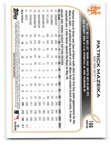 2022 Topps #166 Patrick Mazeika NM-MT RC Rookie Mets ID:47725 - Baseball Card Single