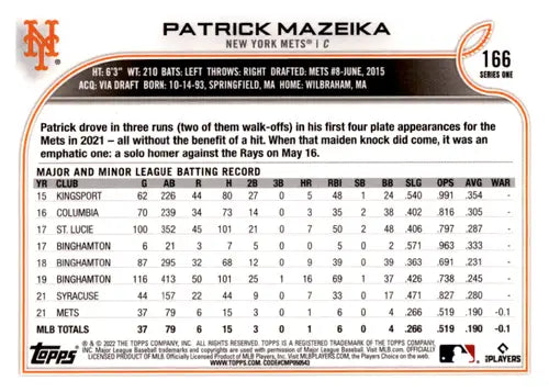 2022 Topps Patrick Mazeika original gloss mint RC rookie baseball card Mets ID 45192