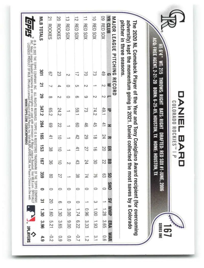 2022 Topps #167 Daniel Bard NM-MT Rockies ID:40982 - Baseball Card Single