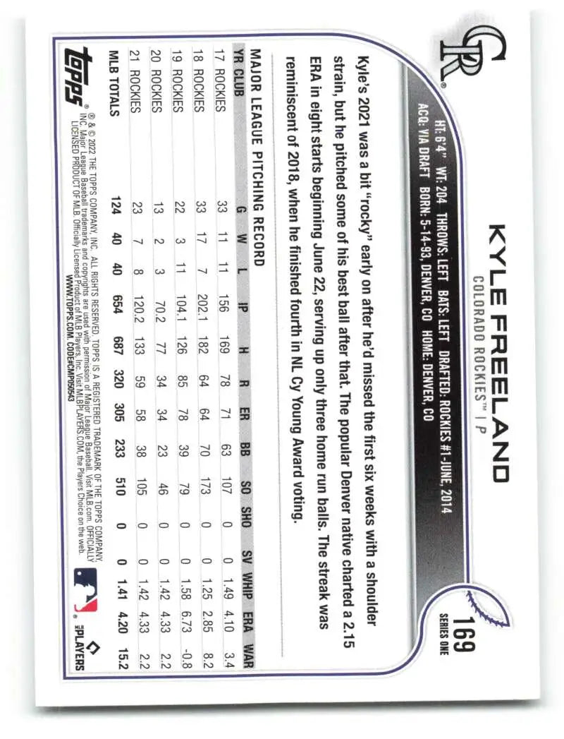 2022 Topps #169 Kyle Freeland NM-MT Rockies ID:40984 - Baseball Card Single