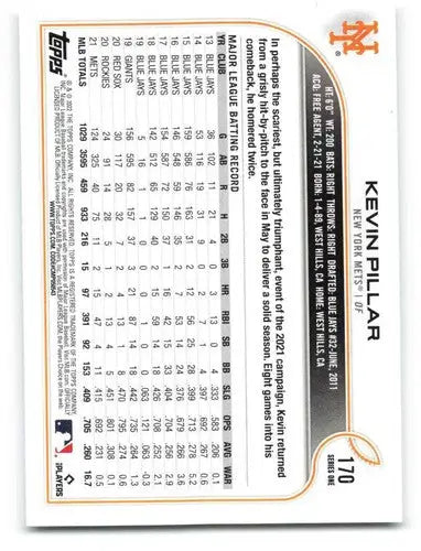 Original gloss Kevin Pillar baseball card from 2022 Topps #170 Mets collection