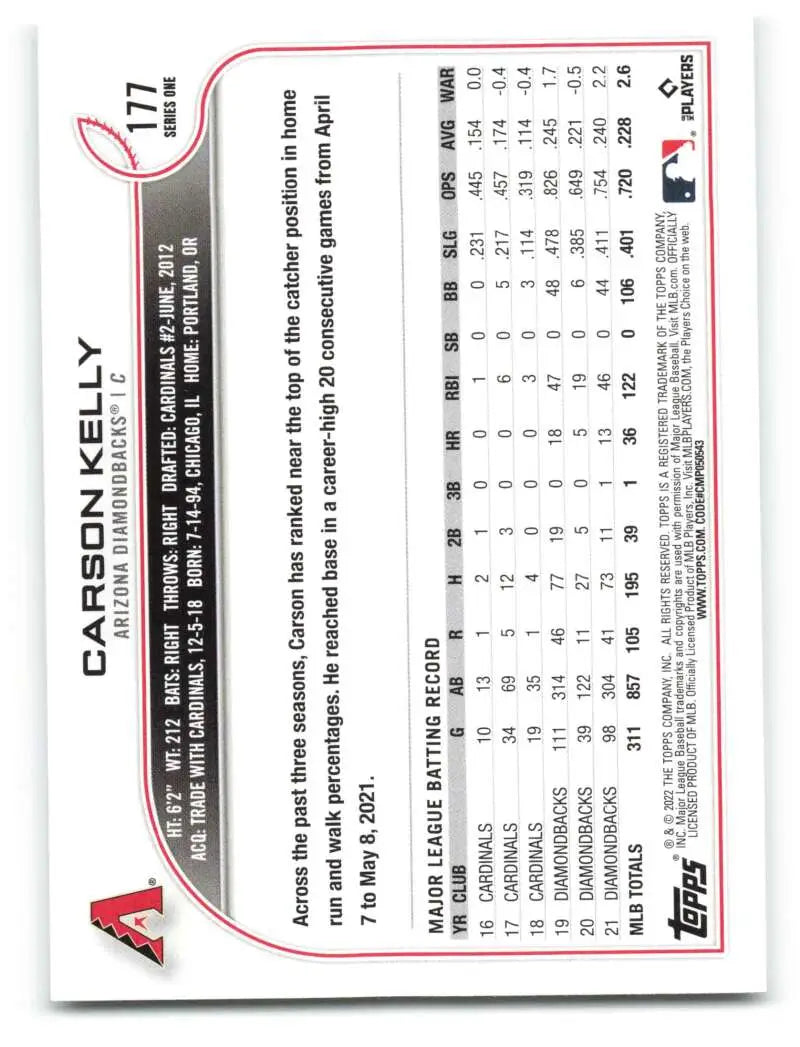 2022 Topps #177 Carson Kelly NM-MT Diamondbacks ID:40992 - Baseball Card Single
