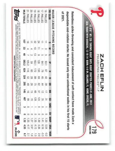 Original gloss 2022 Topps Zach Eflin baseball card featuring Phillies ID 40690