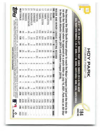 2022 Topps #184 Hoy Park NM-MT RC Rookie Pirates ID:40695 - Baseball Card Single