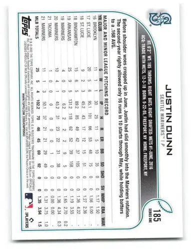 2022 Topps Justin Dunn Baseball Card Mariners NM-MT with original gloss ID 40697