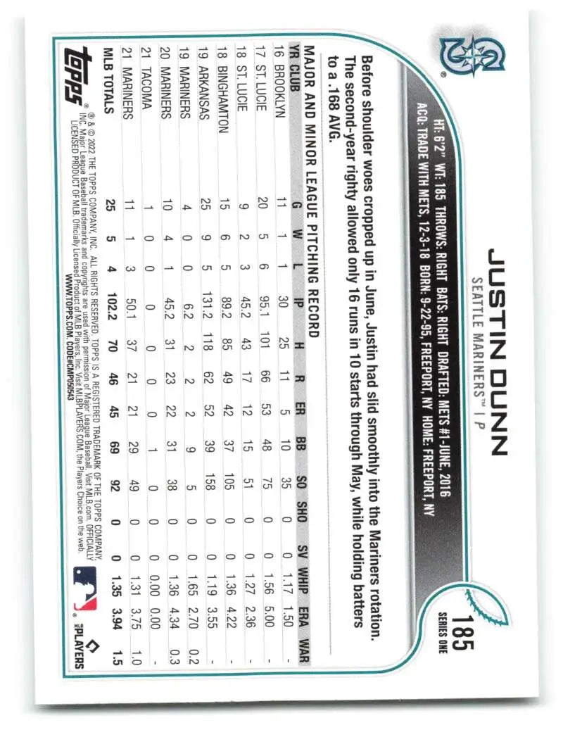 2022 Topps #185 Justin Dunn NM-MT Mariners ID:40999 - Baseball Card Single