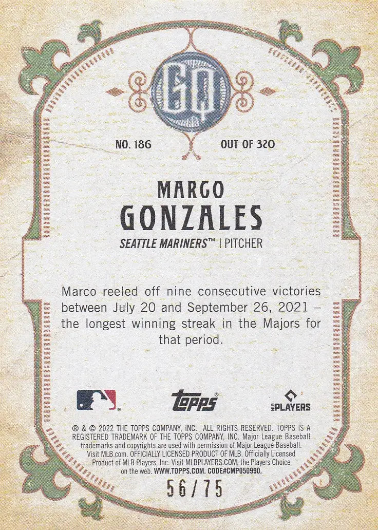 2022 TOPPS #186 GYPSY QUEEN MARGO GONZALES 56/75- SEATTLE MARINERS - Baseball Card Single