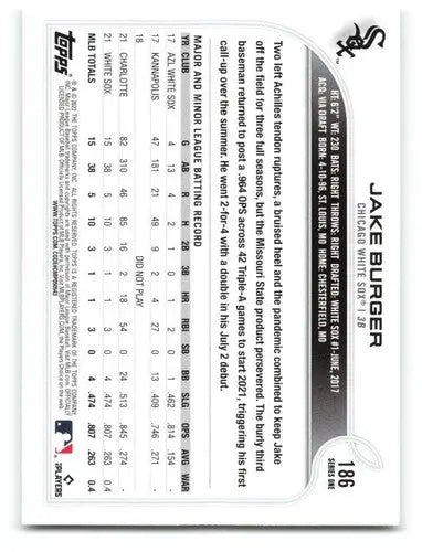 Original gloss 2022 Topps Jake Burger rookie card featuring White Sox ID 40700