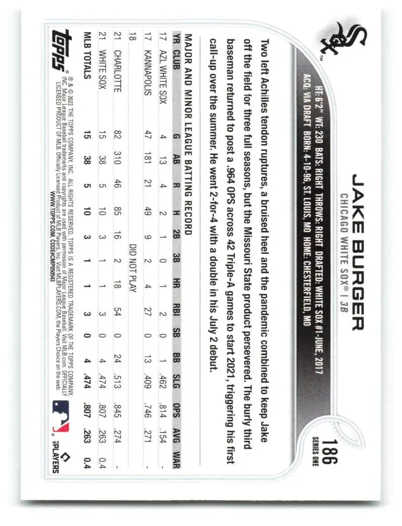 2022 Topps #186 Jake Burger NM-MT RC Rookie White Sox ID:41000 - Baseball Card Single