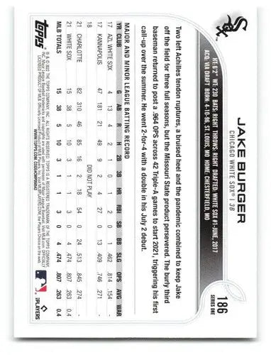 2022 Topps #186 Jake Burger NM-MT RC Rookie White Sox ID:47713 - Baseball Card Single