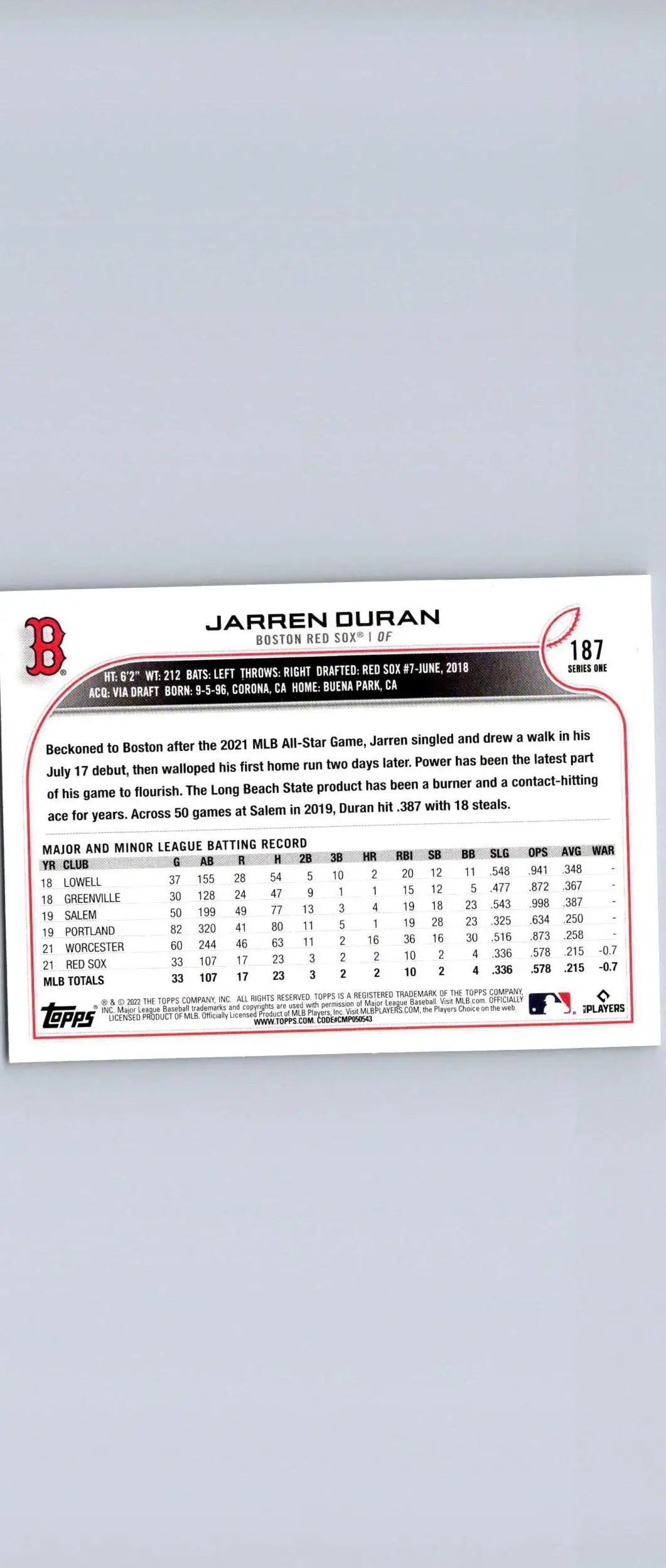 2022 Topps #187 Jarren Duran baseball card for trading cards collectors