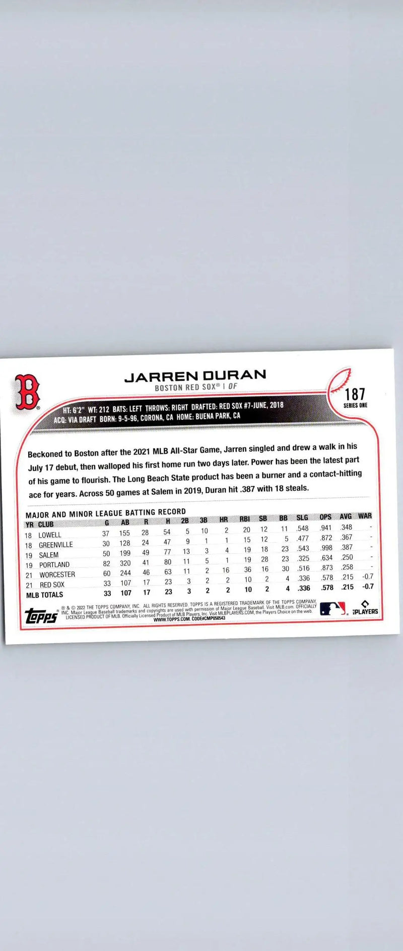 2022 Topps #187 Jarren Duran baseball card for trading cards collectors