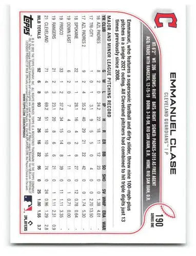 Original gloss baseball card of Emmanuel Clase from 2022 Topps #190 Guardians