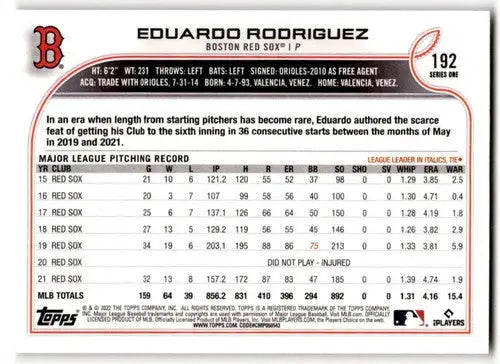 2022 Topps #192 Eduardo Rodriguez NM Near Mint Red Sox ID:42111 - Baseball Card Single