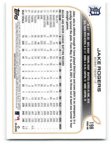 2022 Topps #198 Jake Rogers NM-MT Tigers ID:40713 - Baseball Card Single