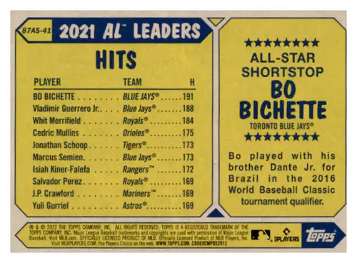 Original gloss 87as-41 Bo Bichette baseball card from 2022 Topps All Star set