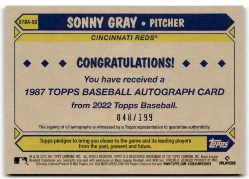 2022 Topps 1987 Topps Baseball Autograph Black #87BA-SG Sonny Gray NM-M ID:42056 - Baseball Card Single
