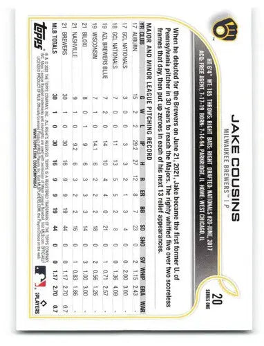 Original gloss 2022 Topps Jake Cousins NM-MT rookie baseball card Brewers