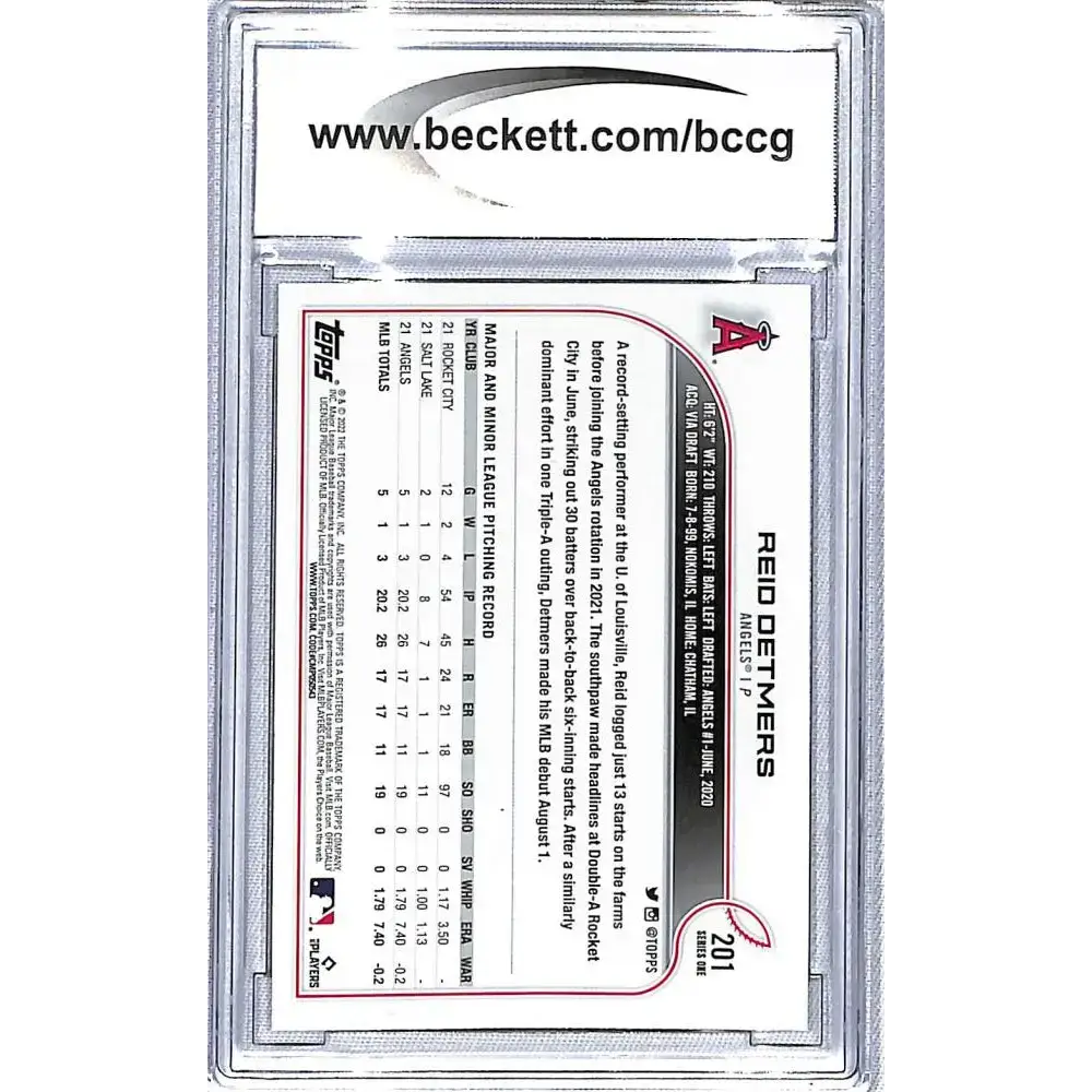 2022 Topps #201 Reid Detmers BCCG 9 Near Mint or Better RC Rookie Los Angeles Angels Baseball Card - Baseball Card
