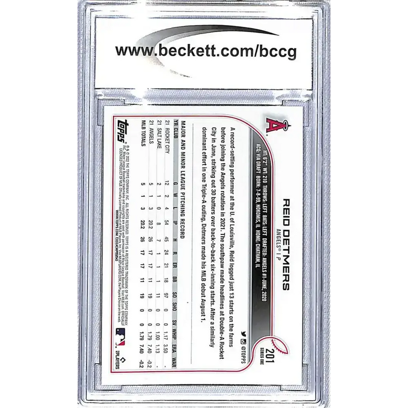 2022 Topps #201 Reid Detmers BCCG 9 Near Mint or Better RC Rookie Los Angeles Angels Baseball Card - Baseball Card