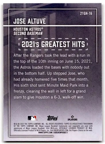 Baseball trading card with Jose Altuve, greatest hits, and player info in original gloss