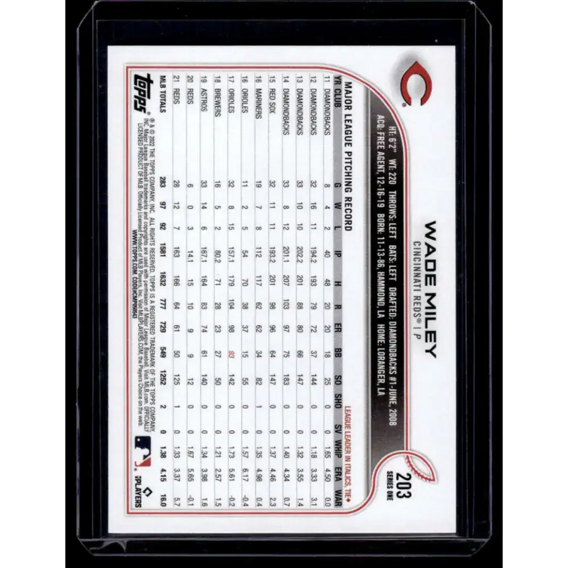 2022 Topps #203 Wade Miley NM-MT Cincinnati Reds Baseball Card - Baseball Card Single