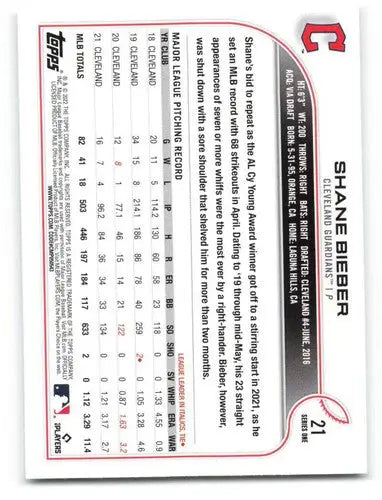 Original gloss of Shane Bieber baseball card from 2022 Topps Guardians collection