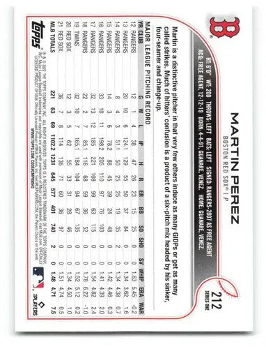 2022 Topps #212 Martin Perez NM-MT Red Sox ID:41023 - Baseball Card Single