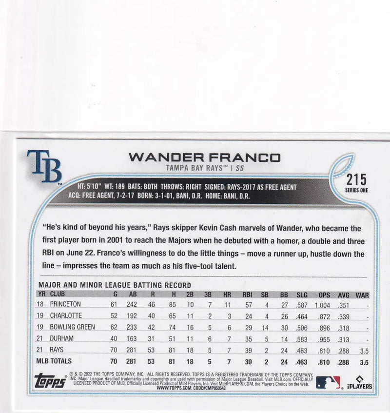 2022 TOPPS #215 WANDER FRANCO- TAMPA BAY RAYS - Baseball Card Single