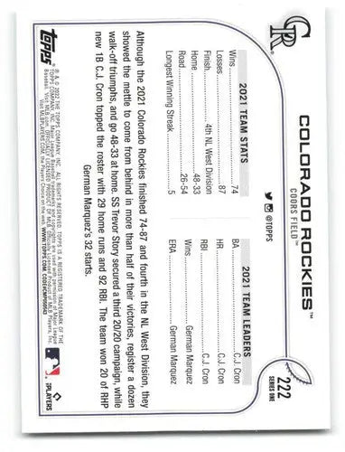 Baseball card back featuring original gloss of Simply Sandoval for Colorado Rockies 2022 Topps