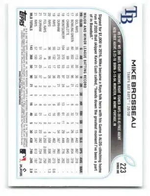 Baseball card back with original gloss featuring Mike Brosseau from 2022 Topps Rays
