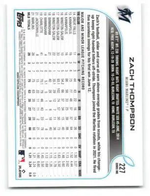 Original gloss Zach Thompson baseball card from 2022 Topps #227 Marlins Rookie