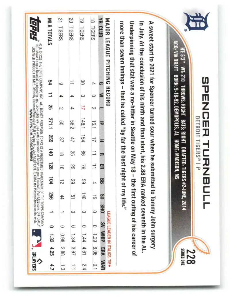 2022 Topps #228 Spencer Turnbull NM-MT Tigers ID:41032 - Baseball Card Single