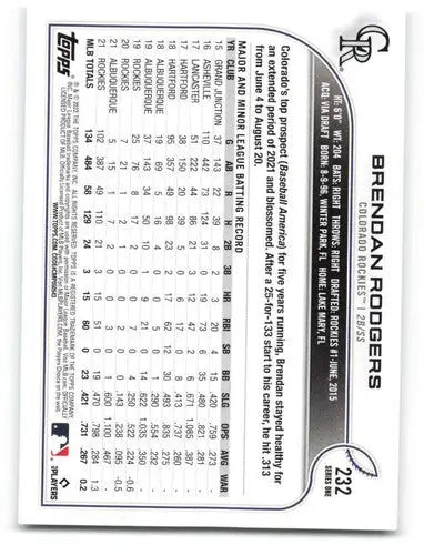 2022 Topps #232 Brendan Rodgers NM-MT Rockies ID:41036 - Baseball Card Single