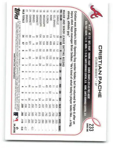 Original gloss 2022 Topps Cristian Pache baseball card Braves ID 40782