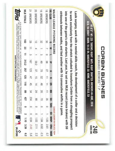 Original gloss baseball card of Corbin Burnes from 2022 Topps #240 Brewers