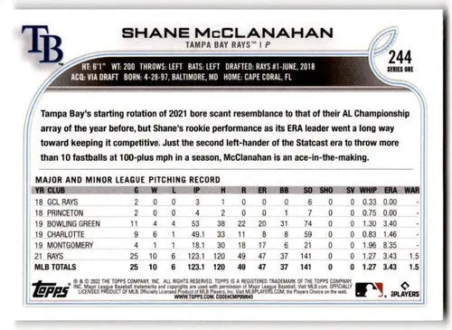 Baseball card of Shane McClanahan with original gloss from 2022 Topps Rays